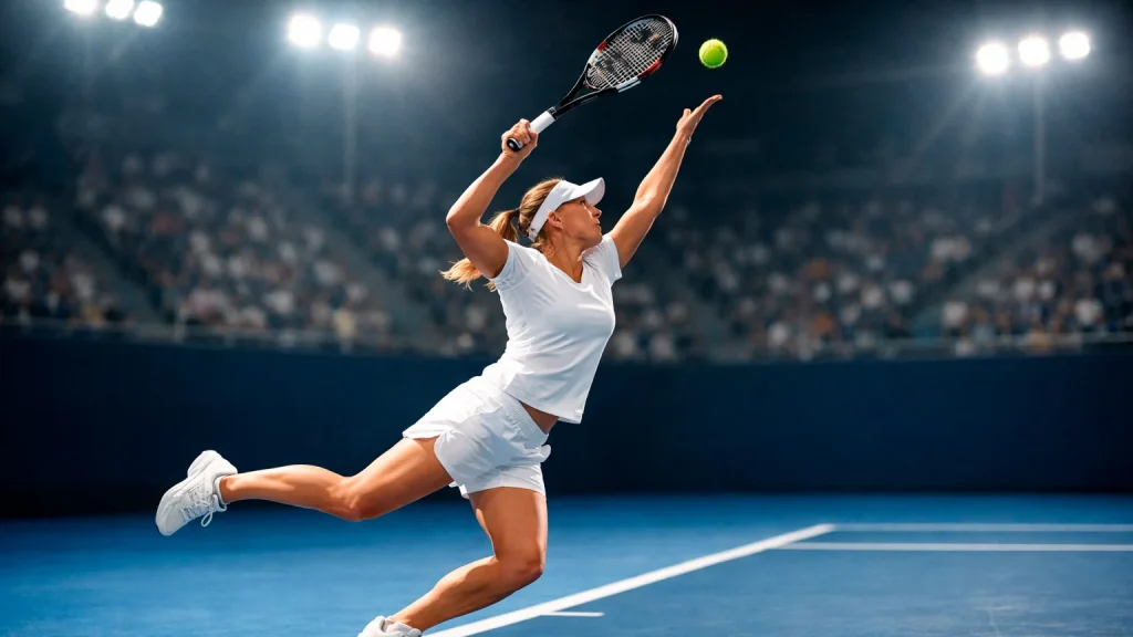 Tennisspieler schlägt einen Aufschlag auf einem Hartplatz bei Flutlicht
