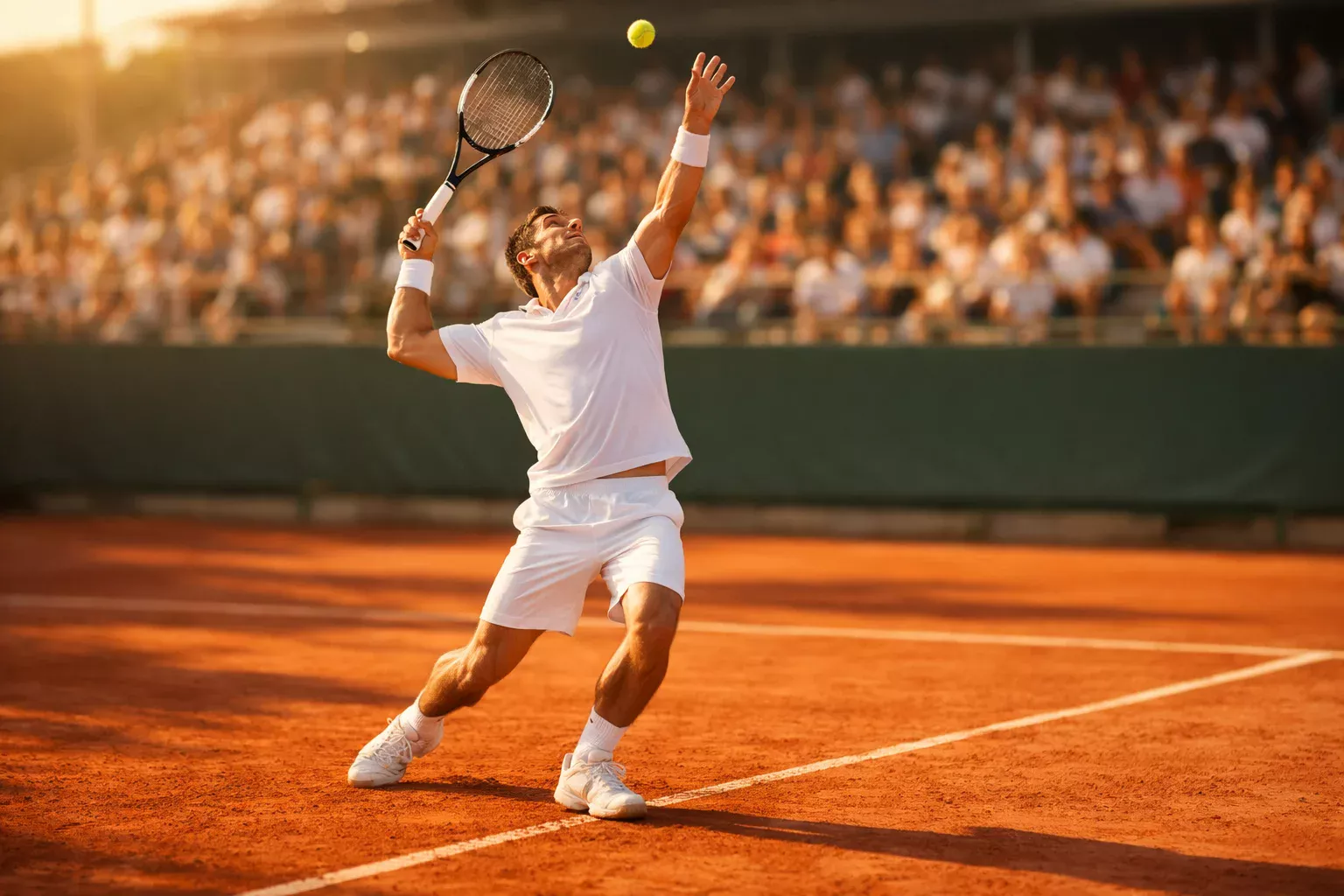 Tennisspieler beim Aufschlag auf professionellem Sandplatz