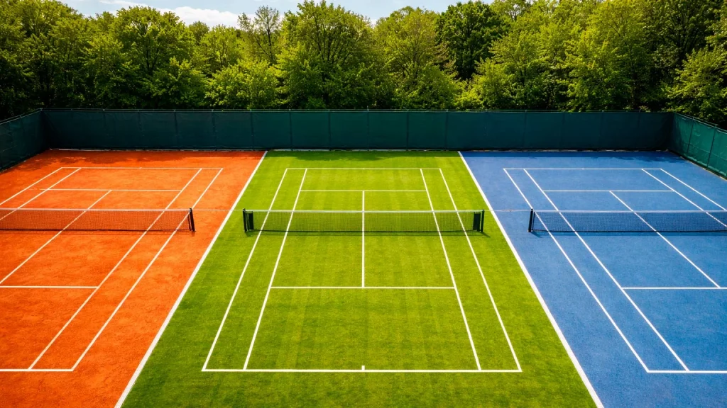 Drei Tennisplätze nebeneinander: Sandplatz, Rasenplatz und Hartplatz bei Tageslicht