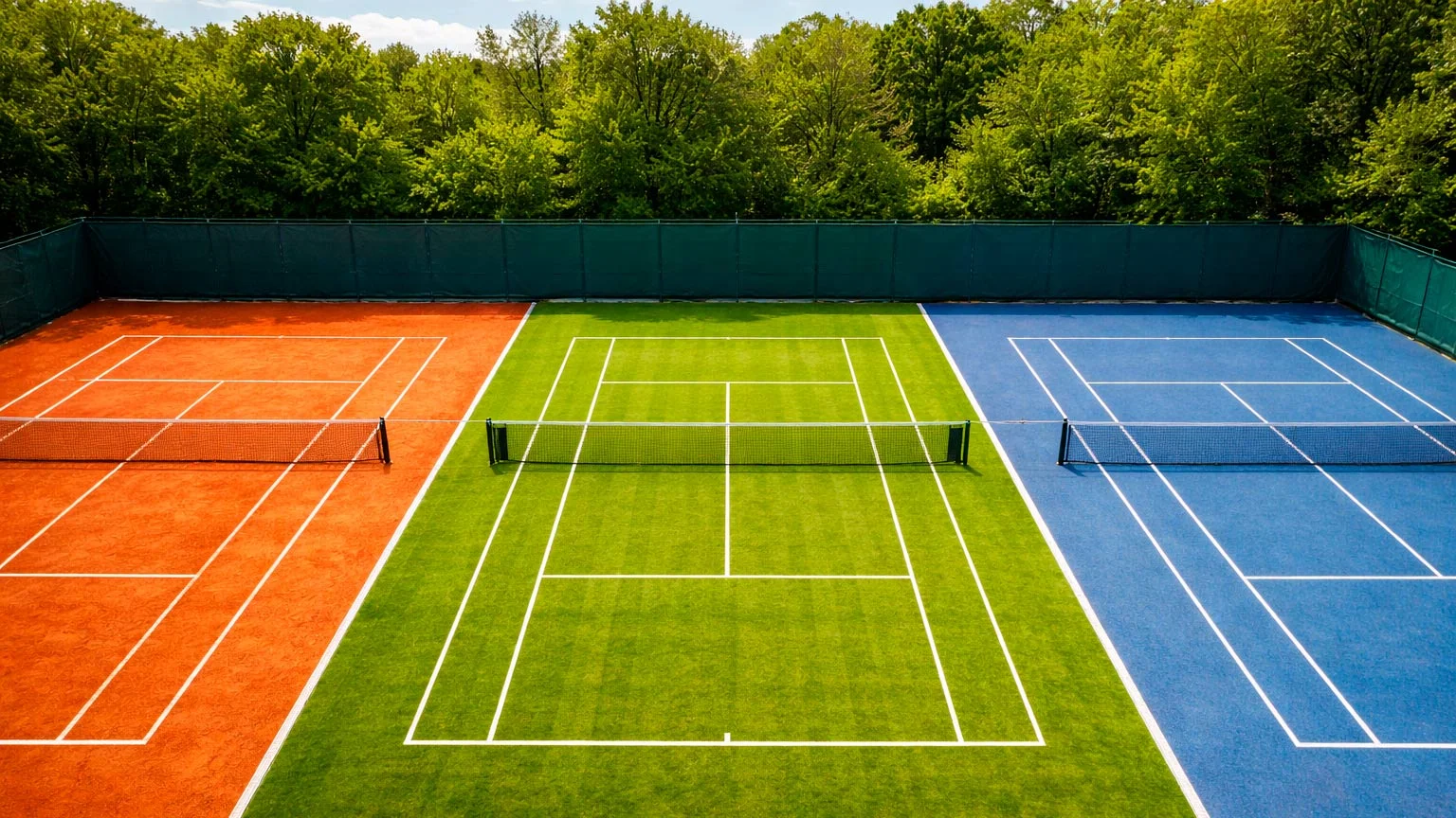 Drei Tennisplätze nebeneinander: Sandplatz, Rasenplatz und Hartplatz bei Tageslicht