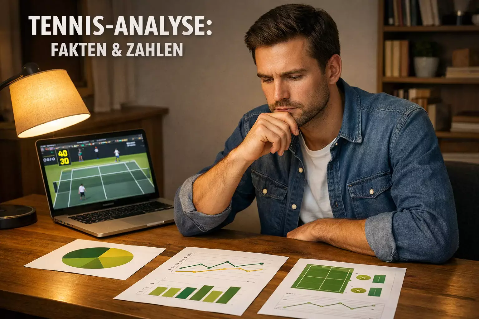 Nachdenklicher Mann analysiert Tennisstatistiken am Schreibtisch