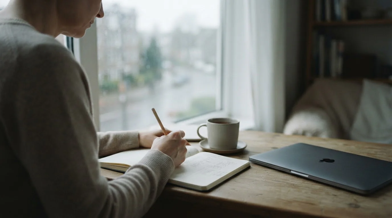 Person am Fenster mit Notizbuch und ruhiger Kaffeetasse