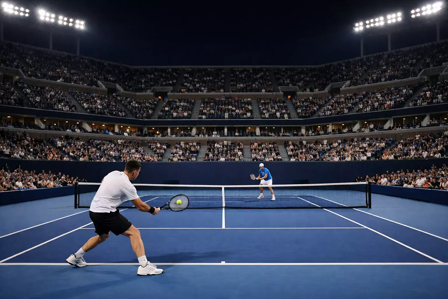 Beleuchtetes Tennisstadion bei einem Abendmatch