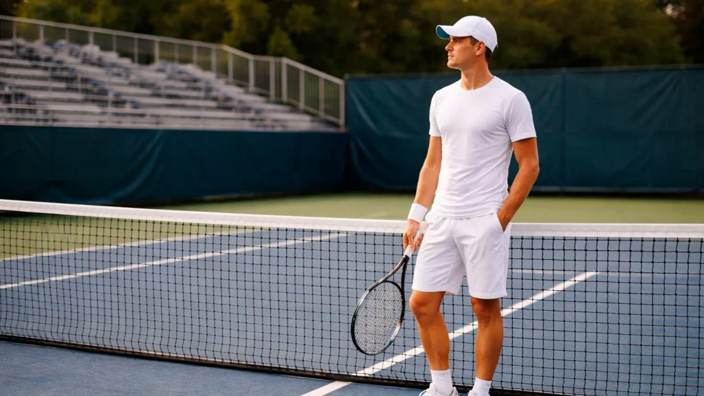 Tennisspieler steht nachdenklich mit Schläger am Netz auf einem Hartplatz