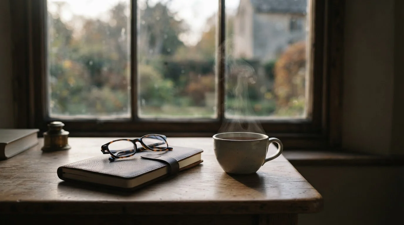 Ruhiger Arbeitsplatz am Fenster mit geschlossenem Notizbuch und Teetasse