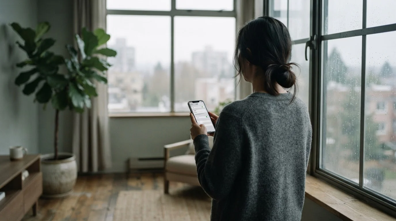 Person am Fenster stellt ein Zeitlimit auf einem Smartphone ein