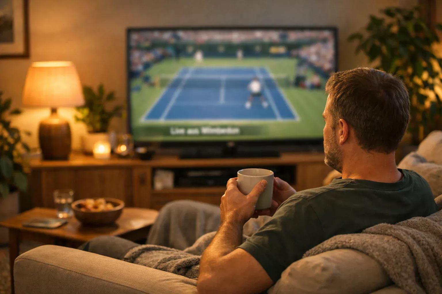 Ruhige Szene einer Person beim entspannten Tennisschauen zu Hause