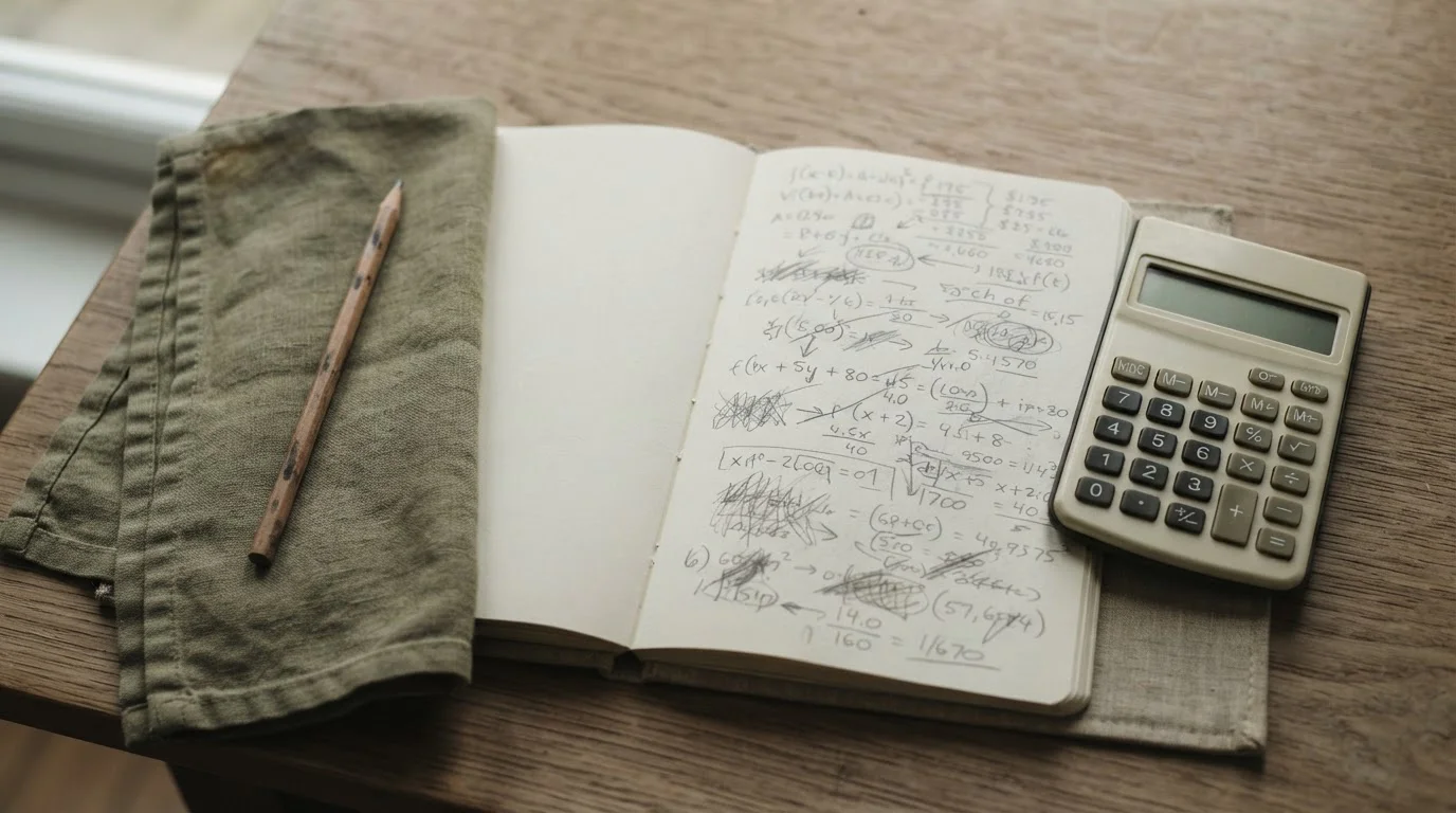 Notizbuch mit handschriftlichen Berechnungen neben Taschenrechner