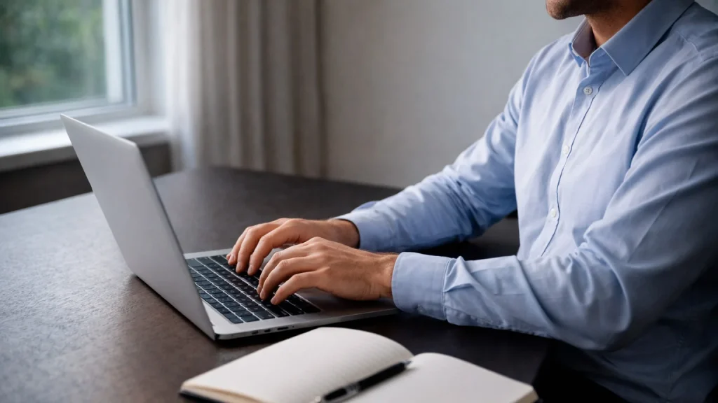 Person sitzt mit Laptop und Notizblock an einem Schreibtisch und plant Sportwetten