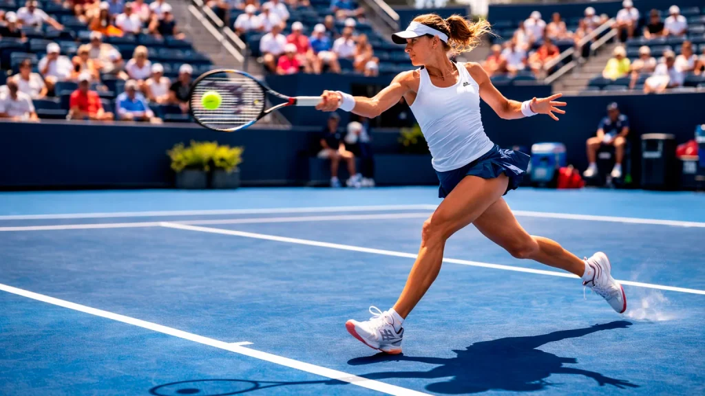 Tennisspielerin schlägt eine Vorhand auf einem Hartplatz bei Sonnenlicht