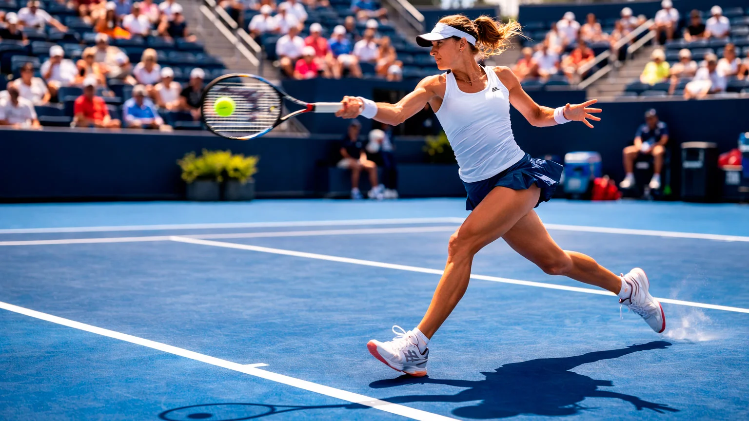 Tennisspielerin schlägt eine Vorhand auf einem Hartplatz bei Sonnenlicht