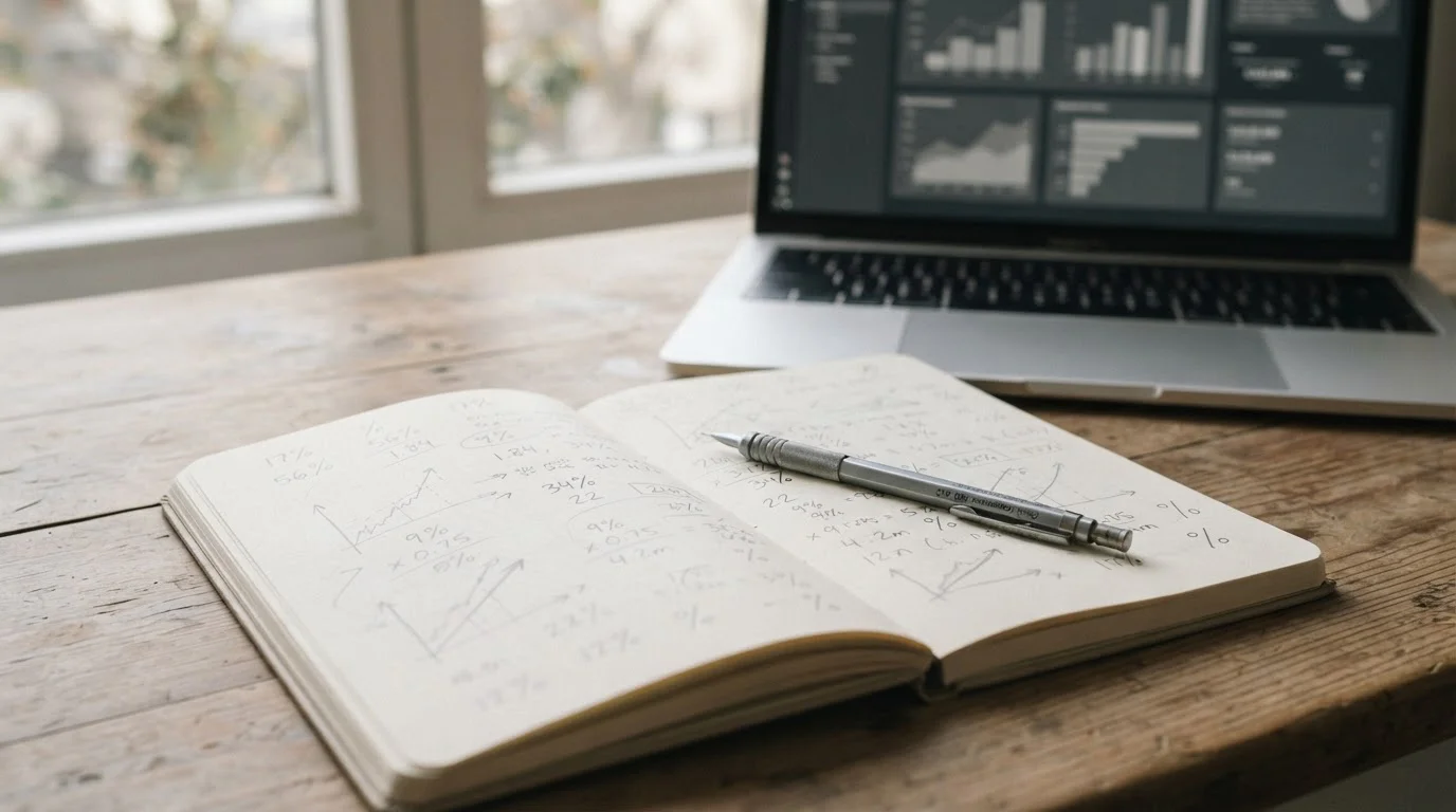 Notizbuch mit handschriftlichen Berechnungen neben Laptop