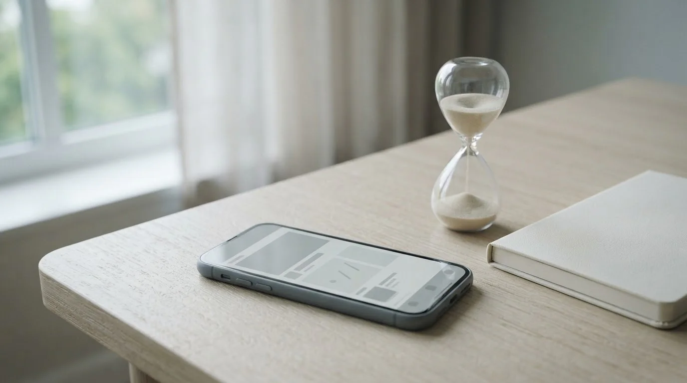 Smartphone mit neutraler Oberfläche neben einer Sanduhr auf einem Schreibtisch