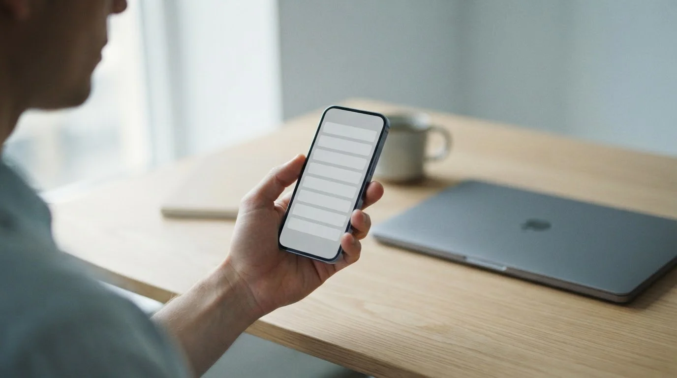 Smartphone in der Hand mit neutraler Oberfläche neben einem Laptop