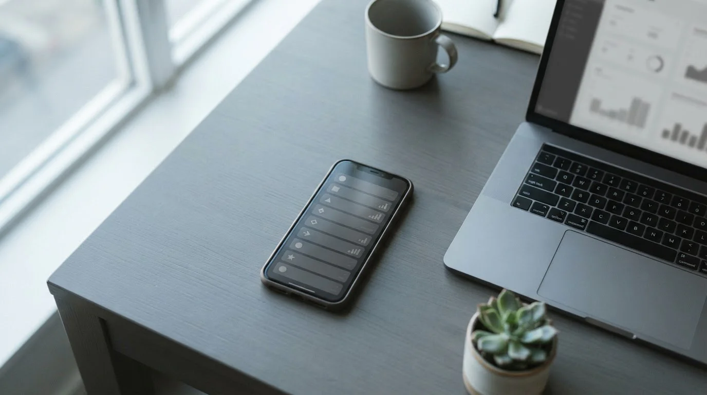 Smartphone mit abstrakter Wallet-Oberfläche neben Laptop auf Schreibtisch