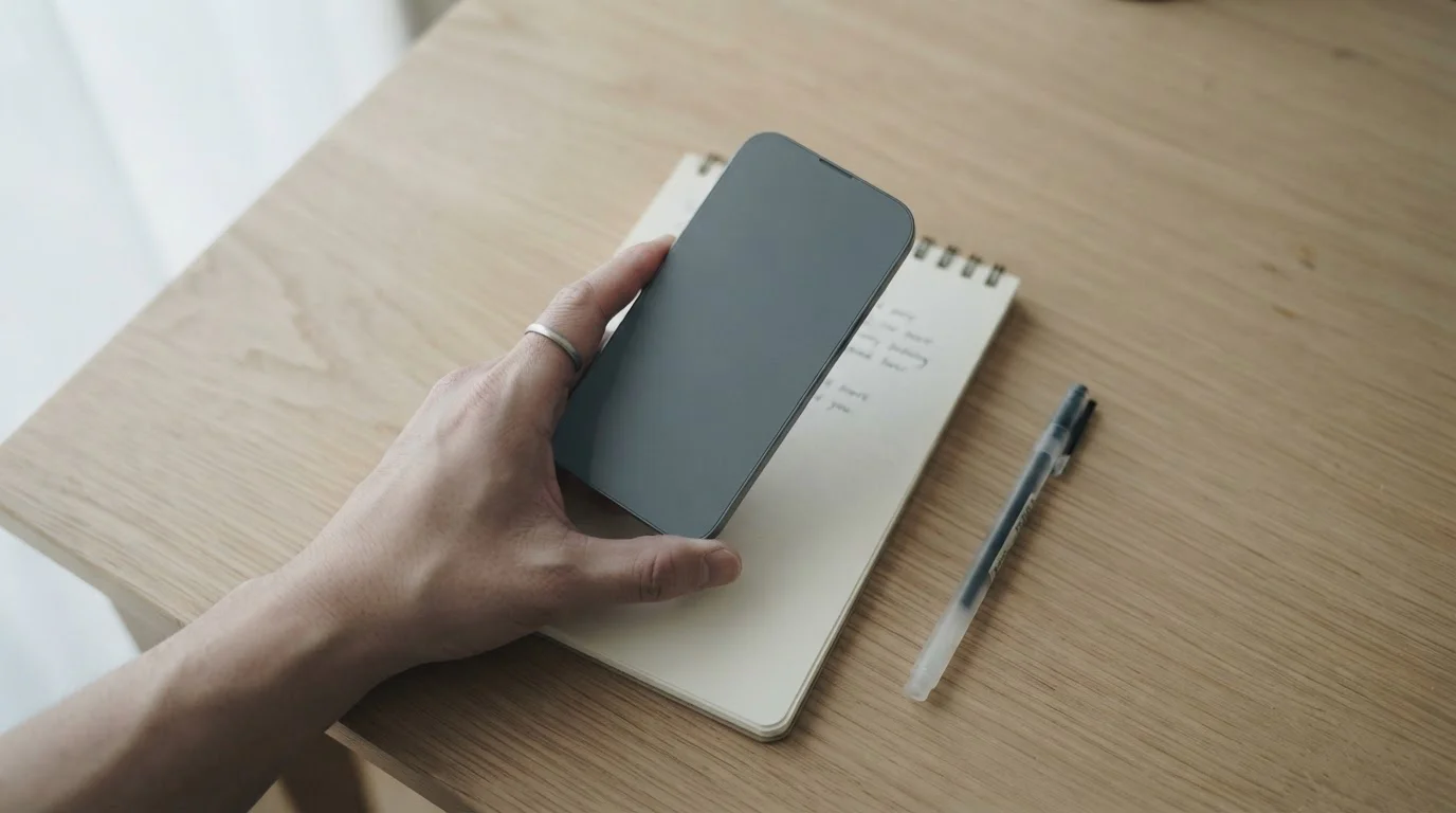 Hand hält ein Smartphone mit leerem Bildschirm über einem Notizblock