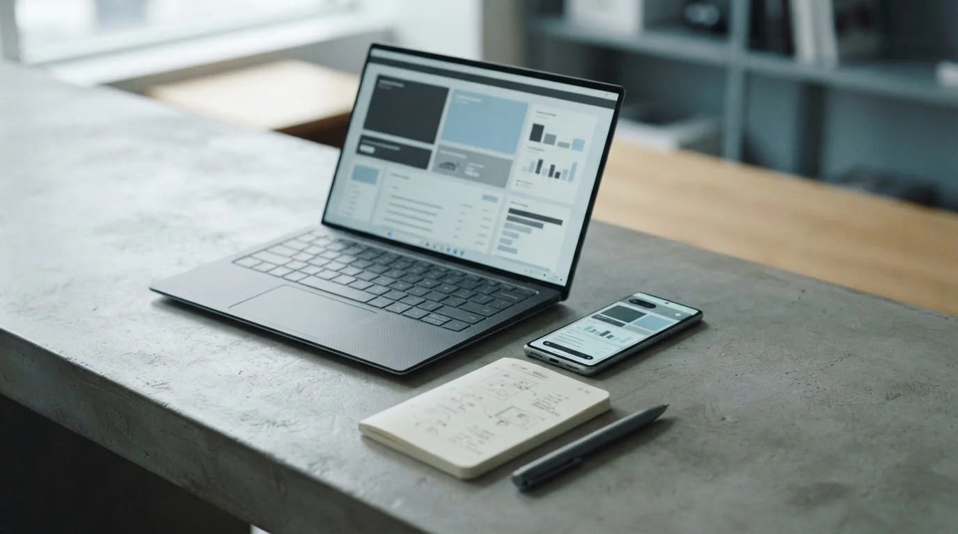 Smartphone und Laptop mit neutralen grauen Oberflächen für Zahlungsvergleich